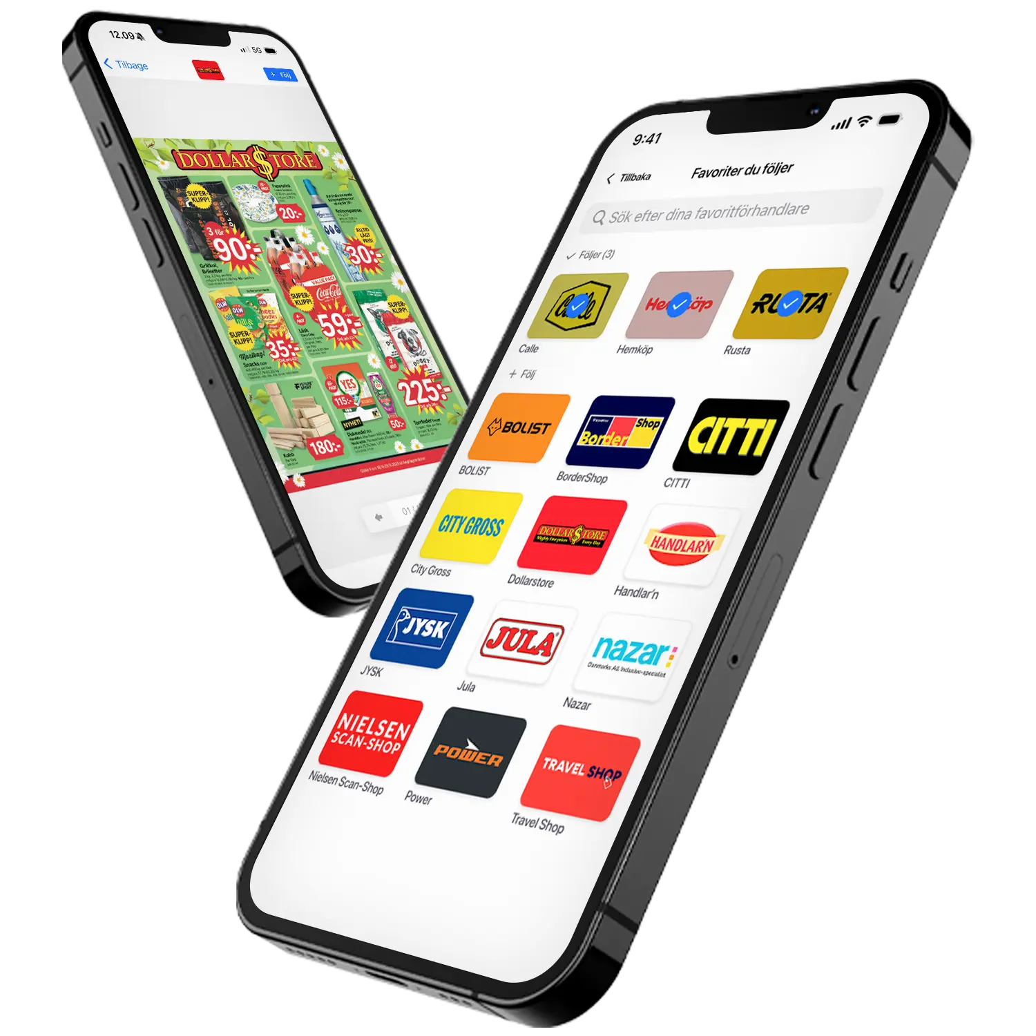 Två smartphones som visar en digital katalogapp med erbjudanden och en översikt av favoritbutiker.